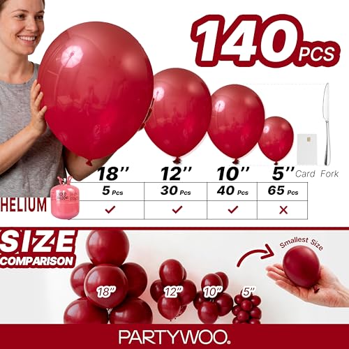 Image of PartyWoo Maroon Balloons 140 pcs Different Sizes of 18 12 10 5 Inch Dark Red Burgundy Ruby Red Balloon Arch Kit Garland for Graduation Valentine's Day Wedding Anniversary Party Decorations Red-Y75