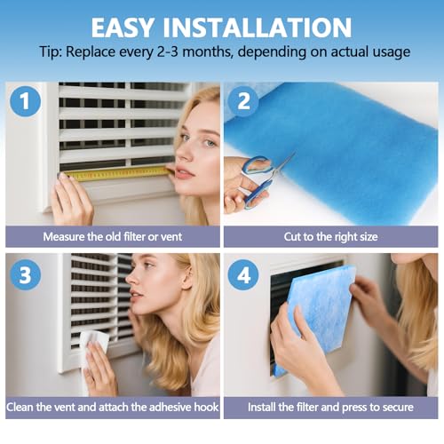 Image of MERV 8 Air Vent Filters, 12 inch x 100 inch Cut to Size Air Filter Material, Triple Vent Filter HVAC Furnace Filters Kit for Home Floor Register, Ceiling, Grilles, with 48Pcs Adhesive Hook Tape