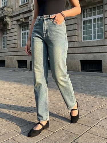 Image of Urbano Fashion Women's High Rise Straight Fit Washed Jeans Non-Stretchable
