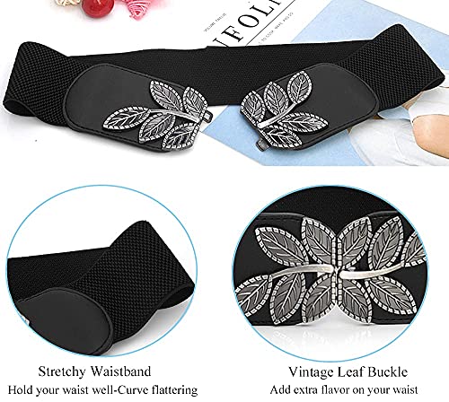 Women's Stretchy Belt for Dress Vintage Wide Gold/silver Leaf Buckle Waist Belts for women Elastic Waistband3
