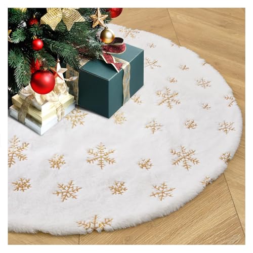 Falda para árbol de Navidad, Falda de Felpa Blanca Suave, diámetro 90 cm, Copos de Nieve Dorados, decoración para Fiestas de Navidad y Nochevieja (Extra Gruesa)