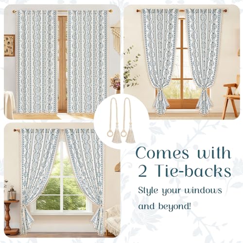 Image of Yinhua Boho Curtains for Living Room 63 Inch Length Vintage Linen Curtains for Bedroom Light Filtering Floral Window Curtain Rod Pocket & Back Tabs Rustic Tassel Drapes with Tiebacks, White Blue