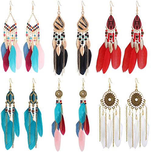 Vspek 6 Pairs Boho Feather Earrings, Bohemian Faux Feather Earrings Set, Ladies Ethnic Long Colorful Feather Fringe Earrings for Christmas Valentine's Day Mother's Day Birthday Gift
