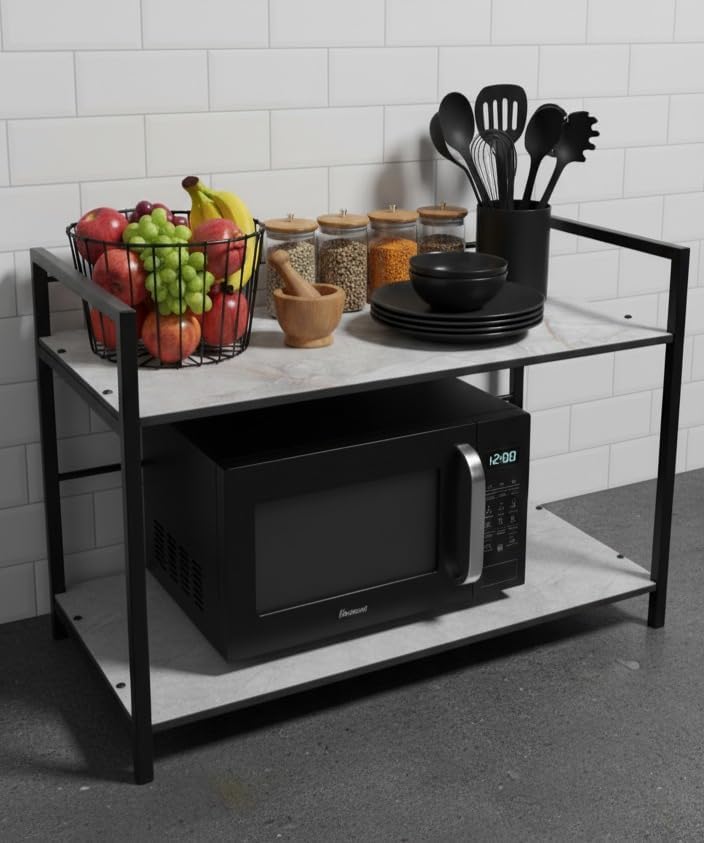 2 Tier Microwave Oven Stand for Kitchen Platform | Countertop Storage Rack for OTG Microwave and Home Appliances | Kitchen Organizer Shelf with Utility Storage | Metal Frame Rack | Marble Finish-picture-10