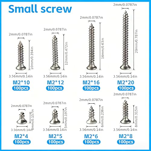 Set de 800 tornillos autorroscantes de acero al carbono miniatura 3