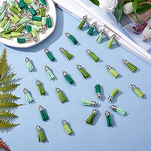 BEEFLYING 60 Pcs Green Faux Suede Tassel Pendant Decorations Mini Retro Charm with Platinum Plastic Cord Ends for DIY Bracelet Necklace Earring Jewellery Making - Image 4