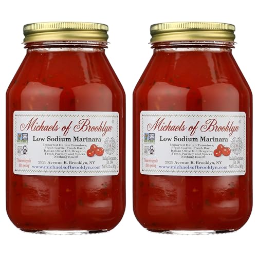 Image of Michael's of Brooklyn Low Sodium Marinara Sauce, 32oz Jar (Pack of 2) - Non-GMO, Gluten Free Italian Pasta Sauce - With Italian Tomatoes, Garlic, Basil and Olive Oil - For Spaghetti, Lasagna & Pizza