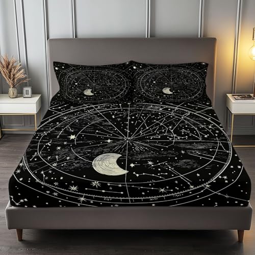 Fitted Sheet Twin Size Bedding Set for Kids Girls Women Men Room Decor, Soft Microfiber & Deep Pocket & Wrinkle Free Simple Stars Constellations Bedding Sheets, Black
