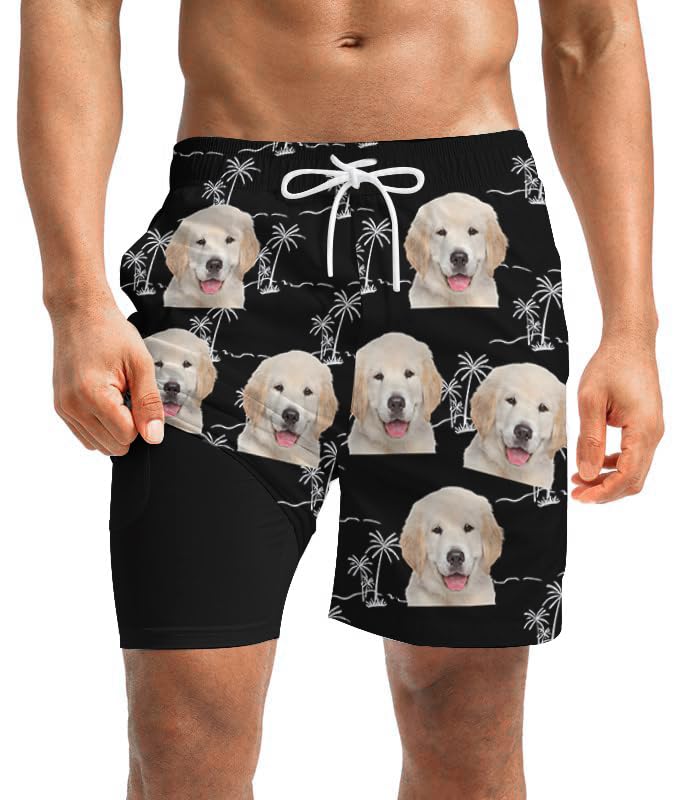 Custom Face Mens Swim Trunks with Compression Liner Personalized Beach Shorts with Your Picture Printed with Pockets