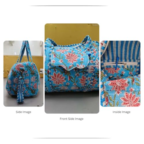 Quilted Floral Cotton Duffel Bag for Women, Handmade Lightweight Washable Large Travel Gym Bags with Pocket - Blue & Red4