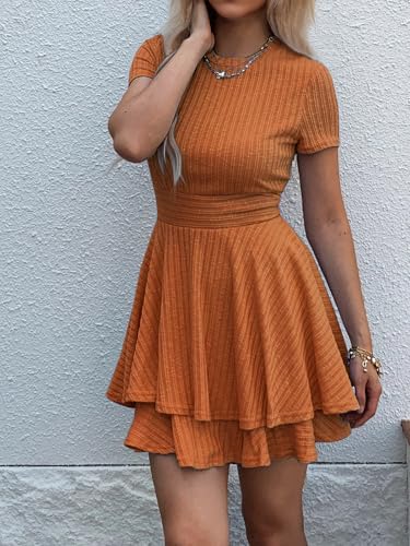 Image of Womens Summer Mini Dresses Short Sleeve Casual Crewneck Knitted Crochet Flowy Tiered Sundress