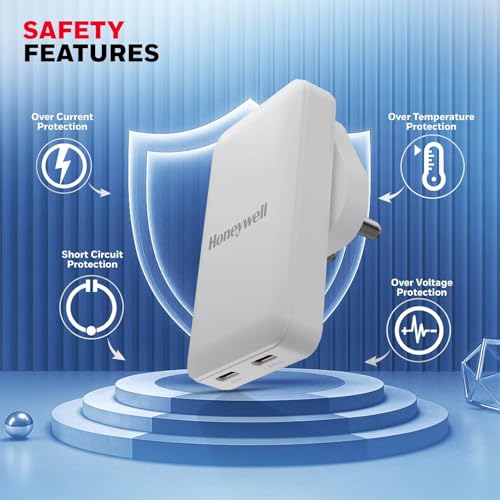 Image of Honeywell Zest Ultra-Thin GaN 45W Dual Type-C PD 3.0 Wall Charger with PPS Support, Ultra-Fast Charging, Compatible with iPhone, iPad Pro, Pixel, Galaxy, OnePlus, Tablets & Smartwatches | PPS Support, Ultra-Fast Charging, Compatible with iPhone, iPad Pro, Pixel, Galaxy, OnePlus, Tablets & Smartwatches