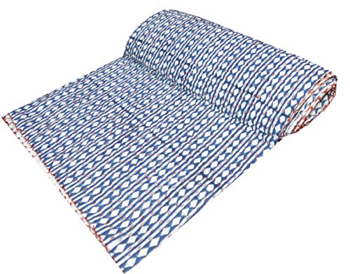 V Vedant Designs Indian Hand Block Handmade Ikat Print Kantha Quilt Bedsheet Twin Size Bedspread