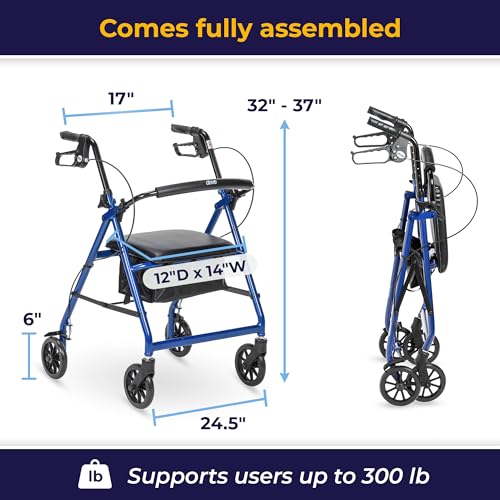 Image of Drive Medical Aluminum Rollator Walker, Padded Seat, 6-Inch Wheels, Blue | Aluminum Rollator Walker Folds Up with 6 Inch Wheels for Indoor and Outdoor Mobility and Everyday Ease Daily