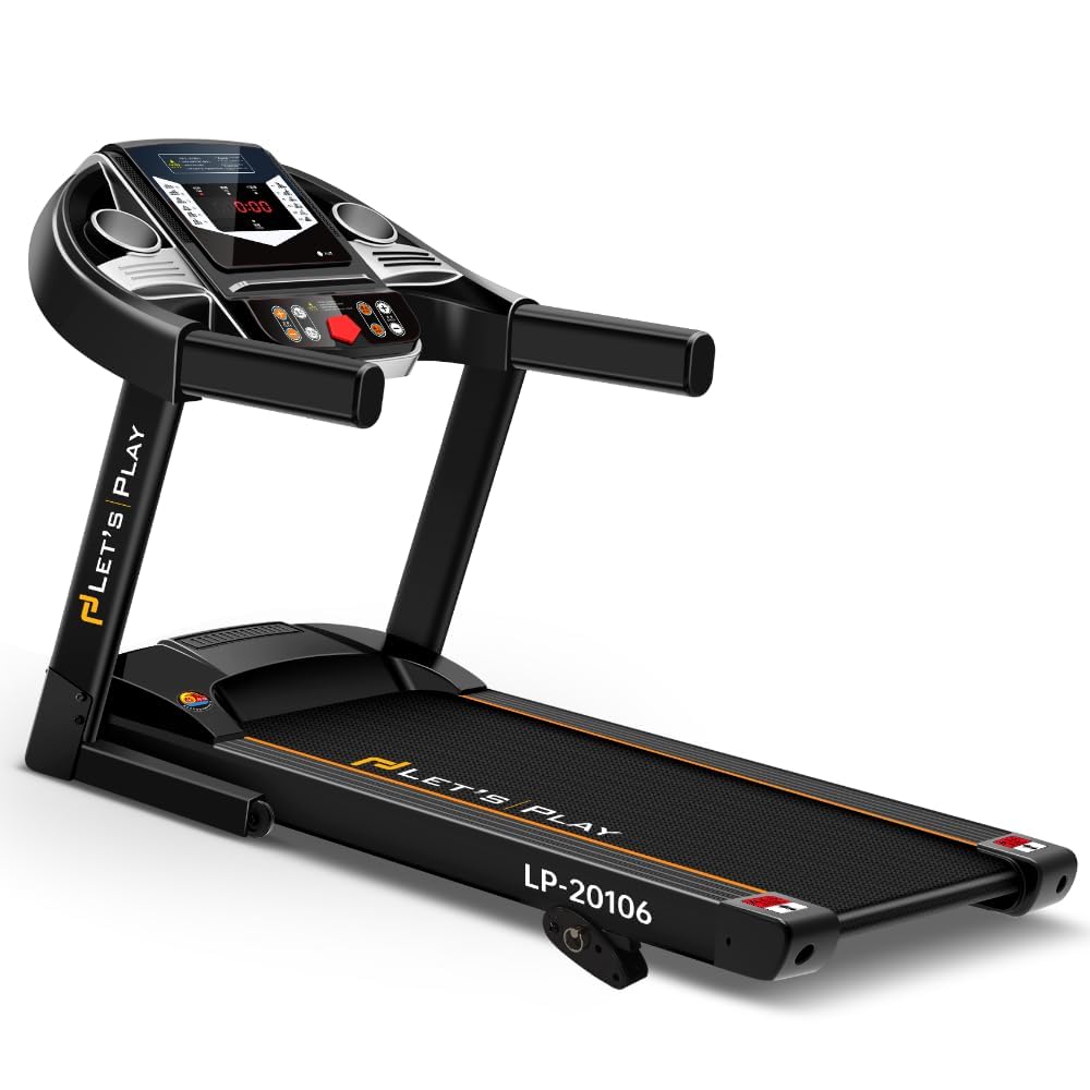 Let's Play® 4HP Peak Motorized Treadmill for Home Gym Workout, Manual Incline Foldable Running Machine, 110Kg User Weight, Max Speed 12 km/hr, Bluetooth Speaker, LCD Display - 1 Year Warranty