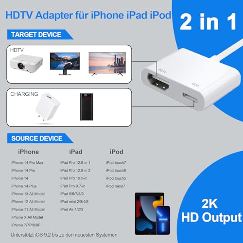 Denlane 1080P Lightning auf HDMI Adapter für iPhone iPad, Digital AV Adapter für iPhone, Video Audio Sync Bildschirm Konverter Kompatibel mit TV/HDTV/Monitor/Projector - Plug and Play