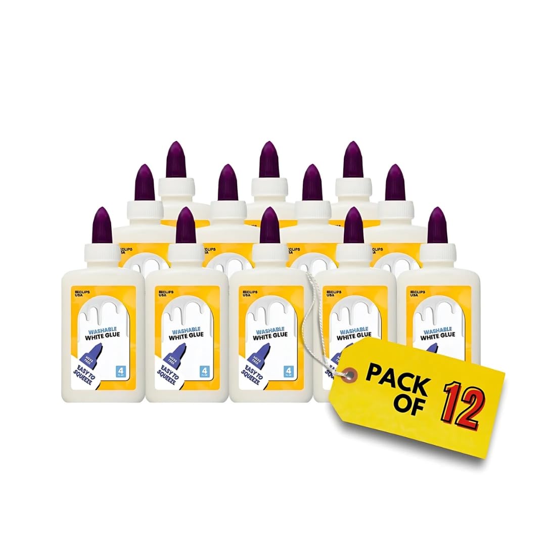 Washable Liquid School Glue Bottles 4oz, Non Toxic White Glue (12 Count) Squeeze Bottles for Making Slime, School Supplies Glue for Slime Arts and Crafts