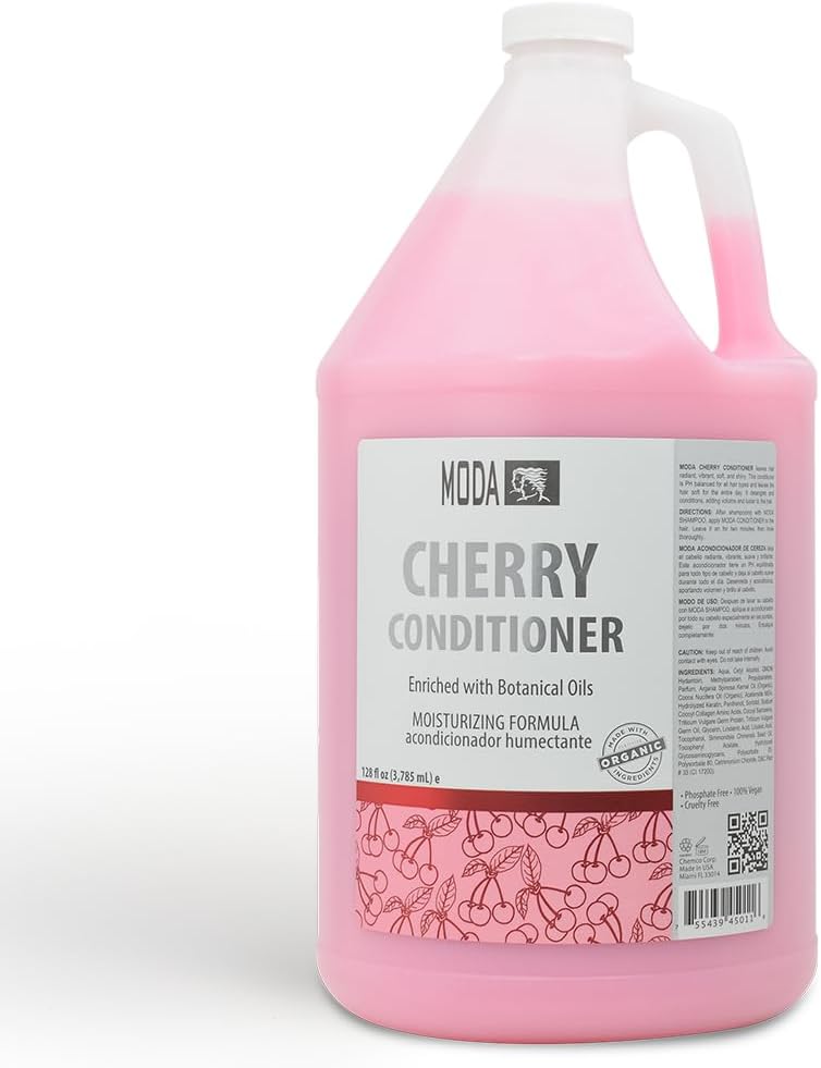 MODA Cherry Bulk Salon Conditioner Premium Back-Bar & Amenity Treatment Salon-Grade Luxury at Commercial Scale A 'set it and forget it' 1-Gallon single-SKU solution Repairs the cuticle 128 Oz