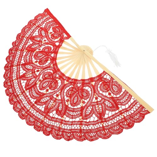 SEWACC Abanico de Mano Vintage de Encaje Rojo Varillas de Bambú, Plegable para Boda y Fiesta, Ventilador Portátil Decorativo, Accesorio Ligero para Verano y Fotografía