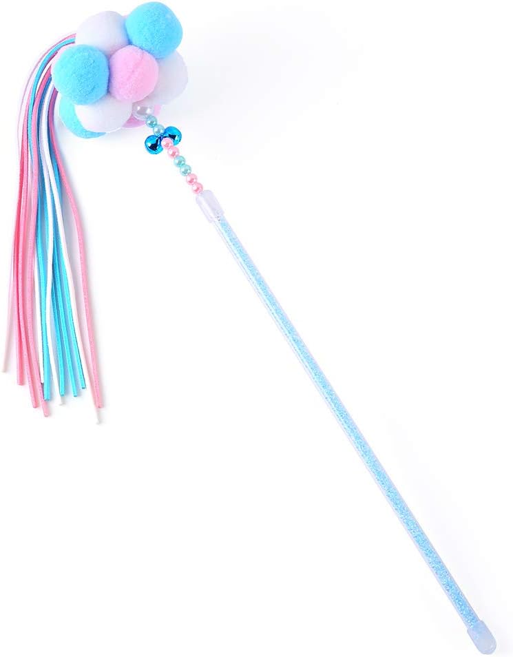 Cat Feather Toys Interactive Teaser Wand Toys with Bells and Pompon (Blue)
