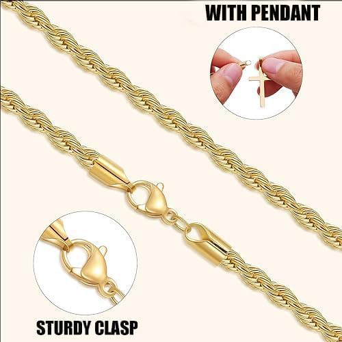 Fiusem 18K Gold Plated Rope Chain for Men, 18K Gold Plated/Black Chain Necklace, Stainless Steel Necklace for Men and Women, Valentine's Day Jewelry Gifts - Image 7
