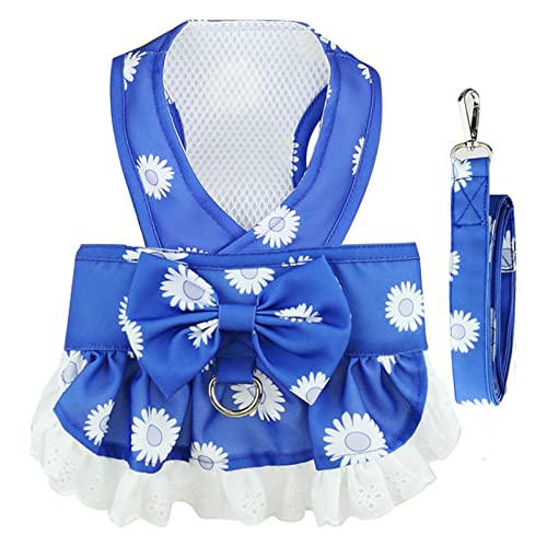 Baejmjk Dog Dress Harness And Leash Set For Small Dogs Floral Bow Tie Girl Puppy Dress Breathable Cute Princess Dog Dresses Spring Summer Pet Cat Clothes Skirt(Dark Blue,X-Small) #TOP19