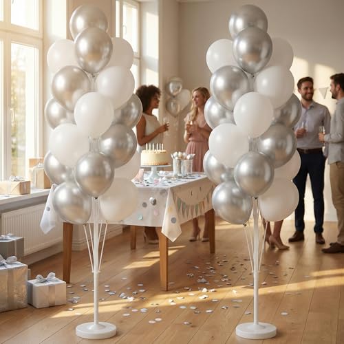 Image of Balloon Column Kit Set of 2 With Balloons Included - with Base, and Pole,Balloon Tower Backdrop Decoration for Wedding, Baby Shower, Birthday Party, or Bachelorette Parties (Silver White)