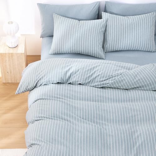 Image of Wake In Cloud - Striped Cotton Duvet Cover Set, Ticking Stripe Vertical Pinstripe Farmhouse, 100% Washed Cotton Textured Bedding Set, 3 Pieces, Blue, Twin /Twin XL Size
