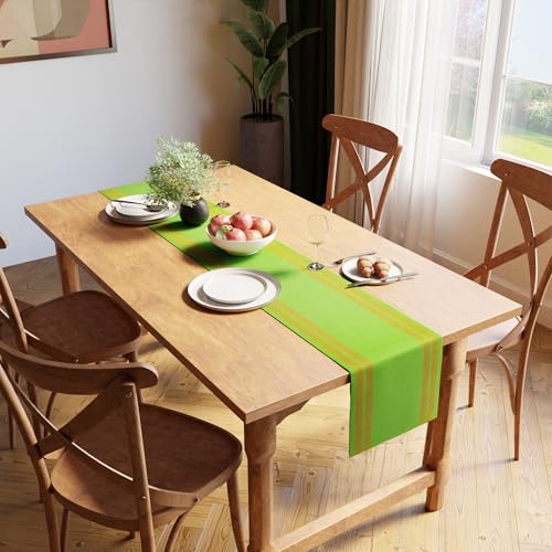 Image of Encasa XO Dining Table Runner for 4 to 6 Seater| Yarn Dyed Fine Ribbed Cotton | Size 32x137 cm | Ladder Green | Machine Washable