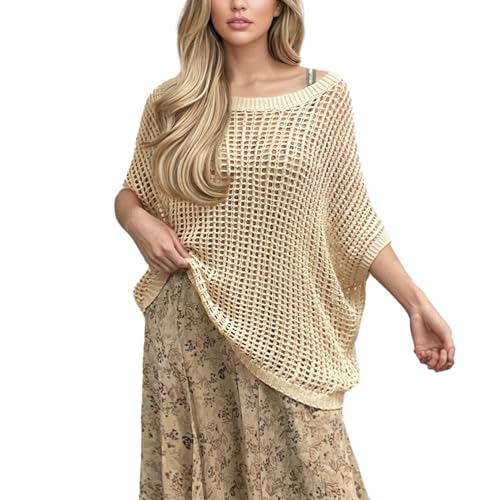 Women's Scoop Neck Crochet Hollow Sweater Casual Short Sleeve Knitted Pullover Beach Cover-up Summer Tops2