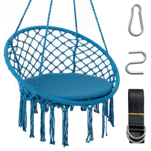 Costway Macrame Swing Chair, Hammock Chair with Round Seat Cushion, Enduring Polyester Cotton Ropes & Sturdy Metal Rings, Indoor & Outdoor Boho Hanging Chair for Patio, Bedroom, Balcony (Navy)