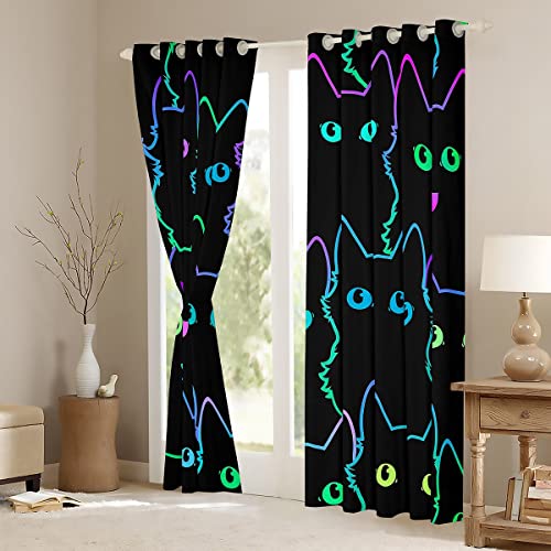 Loussiesd Cartoon Cat Curtain for Bedroom Children Pet Cats Darkening Window Dreapes Cute Kitten Neon Light Blackout Curtains3D Animal Cat Lover's Window Treatments W66*L90 - Image 3
