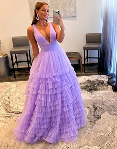 Tulle Tiered Prom Dresses for Women 2025 V Neck Formal Evening Dress Long Ball Gown3