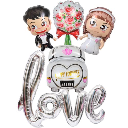 DIWULI matrimonio 5 Piezas Juego de pelota, de balones Globo Señor y la Señora + Amor Globo Ramo + Globo + Foil acaba de casarse, Boda, Decoraciones de la Boda, banquete de Boda, Boda, (Plata)