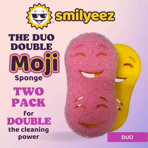 Image of Smilyeez Double-Size Scrub Moji Duo Sponge 2-Pack - Dual Smiling Faces, Temperature-Responsive Scrubber - Scratch-Free, Odor & Stain Resistant