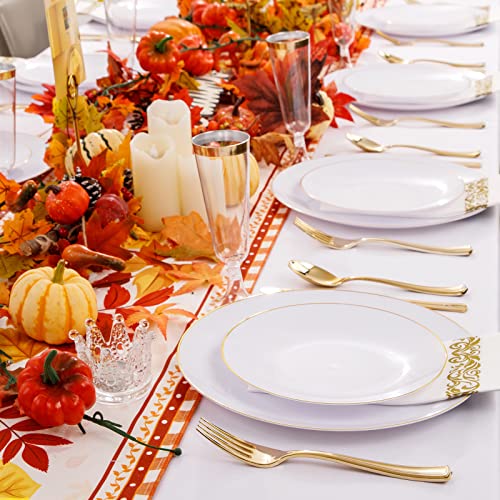 Liacere 175Pcs White And Gold Plastic Plates - Gold Plastic Plates Include 50Plastic Plates, 25 Forks, 25 Spoons, 25 Knives, 25 Napkins, 25 Champagne Flutes Plastic For Party & Wedding & Thanksgiving #TOP5