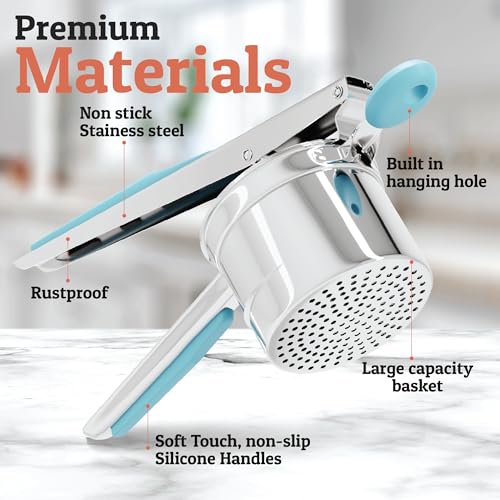 Image of PriorityChef Large 15oz Potato Ricer With 3 Discs, Heavy Duty Stainless Steel Potato Ricer for Mashed Potatoes, Potato Masher, Press and Ricer Kitchen Tool, Turquoise