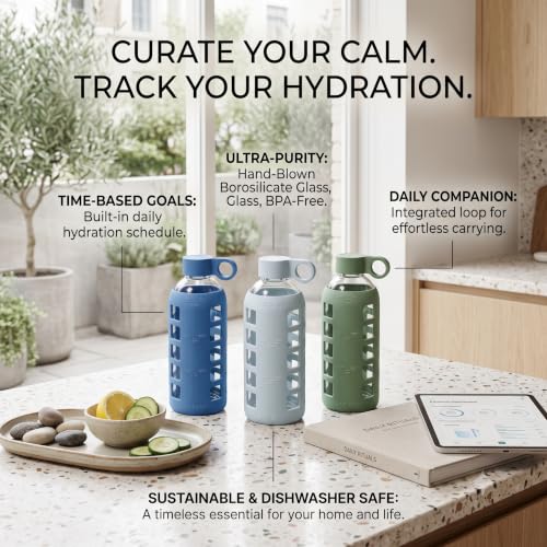 Image of purifyou 40oz / 32oz / 22oz / 12oz Borosilicate Glass Water Bottle with Time & Volume Markers, Silicone Sleeve, Stainless Steel Lid | Reusable Glass Bottle for Water & Juice (22oz Hazelnut)