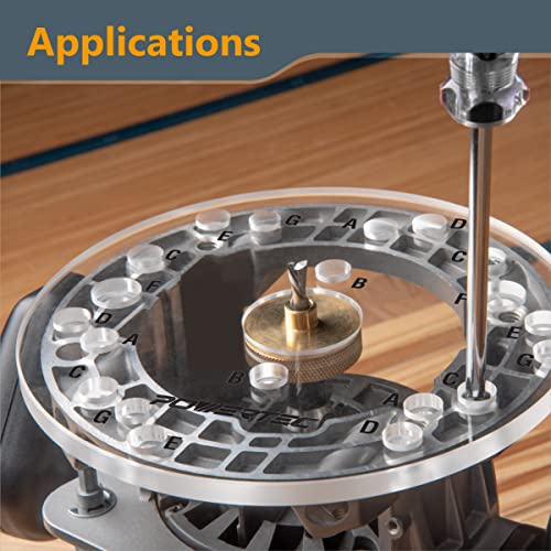 Image of POWERTEC 71369 Router Base Plate with Centering Pin | 6-1 /2 inch Diameter, 5 /16 inch Thick |Letter-Marked Pre-Drilled Holes (Pack of 2)
