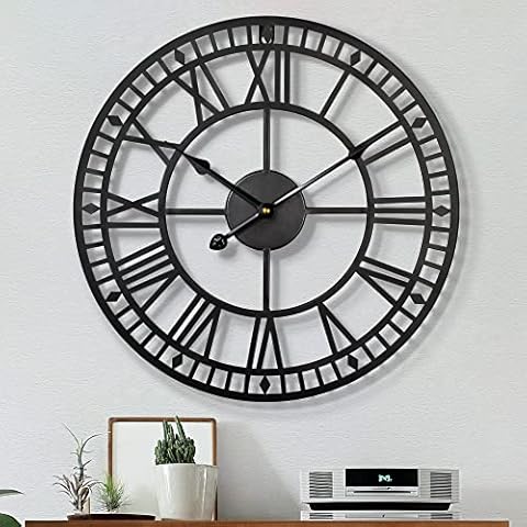 Large Metal Iron Retro Wall Clock Silent Non-Ticking Battery Operated Vintage Metal Roman Numerals Round Modern Clocks For Living Room Decor -Black 60cm Cover