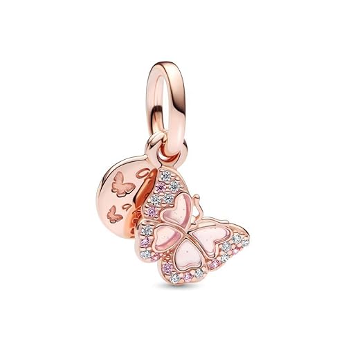 Qulmlxis Rose Gold Butterfly Charm Fit Women Bracelet Necklaces Fashion Pendant 925Sterling Silver DIY Jewelry