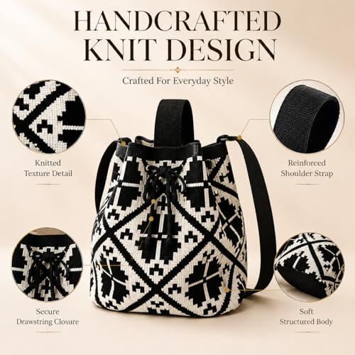 Image of Kawn Women's Crochet Drawstring Bucket Bag, Stylish Tote Purse, Crossbody Shoulder Bag, Boho Chic Handbag for Beaches, Party and Everyday Use.