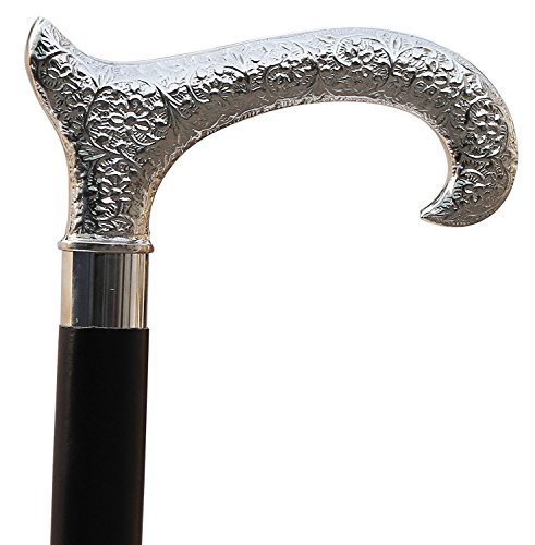 Canne en bois noir ébène et pommeau argenté style vintage chic pour homme et femme