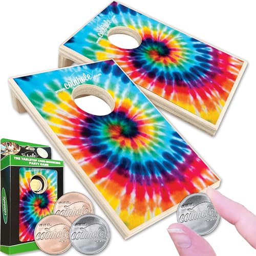 Coinhole Desktop Coin Bouncing Party Game Set | Tabletop Cornhole Board Game | Small Cornhole Travel Game Includes Coins (Tabletop Game Set Tie-Dye)
