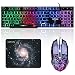Gaming Keyboard and Mouse Mousepad Combo Mechanical Feeling Rainbow LED Backlight Emitting Character 3200DPI Adjustable USB Mice Compatible with PC Resberry Pi iMac TDB910(Black)