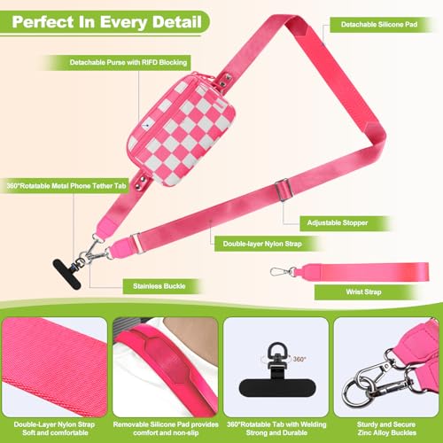 Image of YFWE Clip and Go Strap for Phone with Wallet Crossbody, Adjustable Phone Lanyard with Detachable RFID Wristlet Wallet, Phone Strap with Phone Tabs for All Phones, Pink Checkered (L)