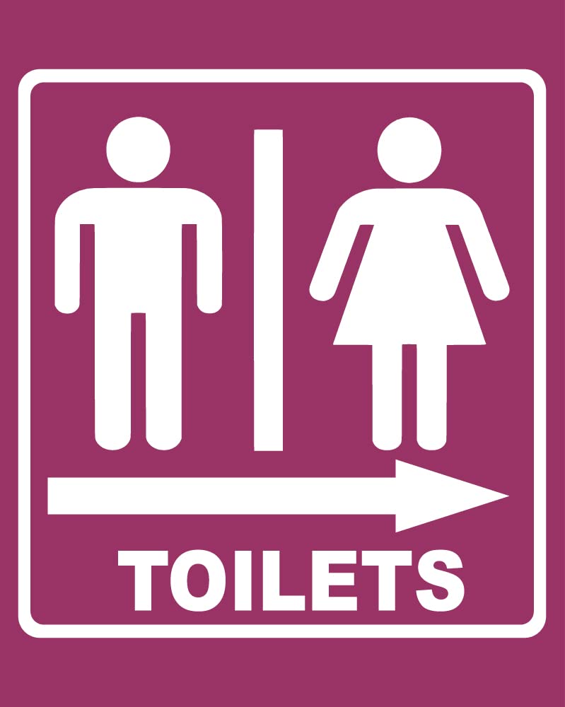 Toilets (Men and Women) with Right Arrow Sign Board, Foam Board Fixed with Majenta Color Waterproof Sticker, Back Side Double Side Tape
