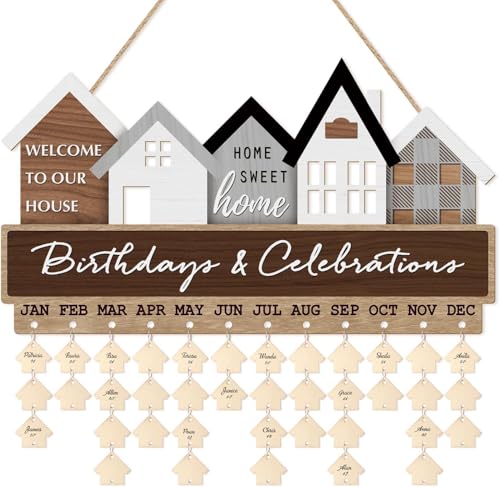 CHDITB Birthday Calendar Wall Hanging with 100 pcs Tags (18.5''x10.4''),DIY Home Sweet Home Family Birthday Celebration Reminder Board, Wooden Family Reminder Calendar Tracker Plaque