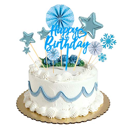 Chingde Pastel de Cumpleaños Feliz, 20 piezas Pastel topper, toppers de pastel de estrella, primeros de la torta del ventilador de papel, adorno de la torta del copo de nieve, Azul