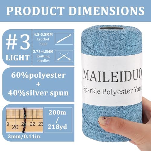 Sparkle Silver Gold Yarn for Crocheting 3mm*218yd Sparkly Metallic Gold Silver Polyester Yarn for Crochet Amigurumi, Cardigans, Shawls, Bag Making, DIY Soft Craft — view 2